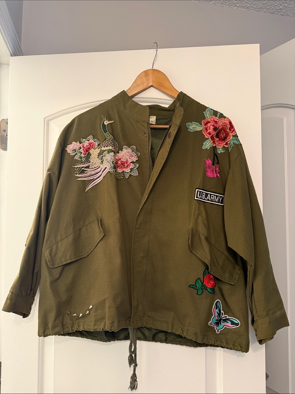 Embellished Olive Utility Jacket with Floral & Bird Appliqué